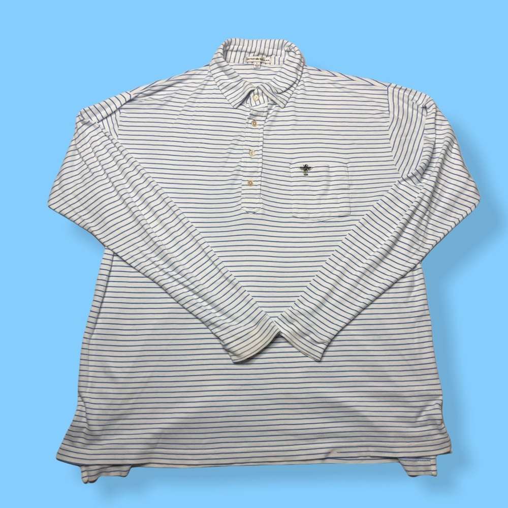 Peter Millar Mens White & Blue Cotton Striped Polo